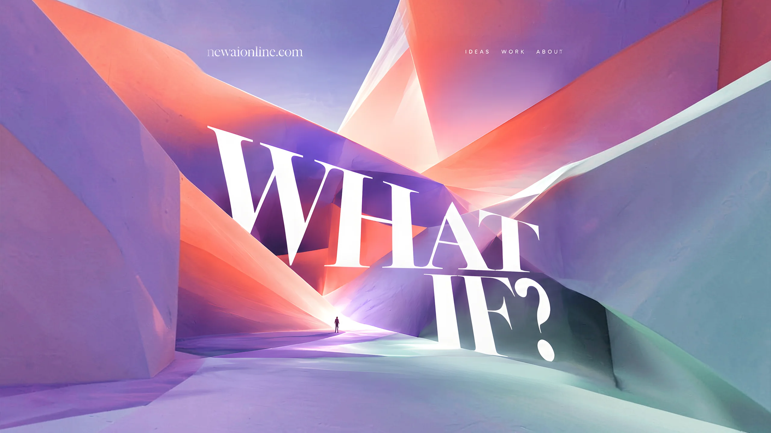 WHAT IF? in tall serif type among faceted pastel planes